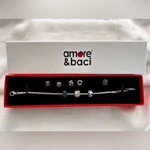 amore & baci bracelet w/charms, 3 Pandora charms, 1 clip charm, 1 silver charm